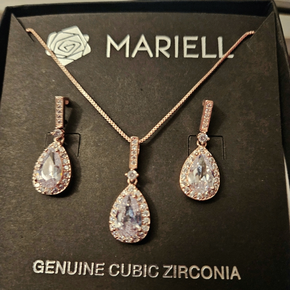 NWT Mariell Genuine CZ 14kt RGP Earrings+Necklace Set - Picture 3 of 8